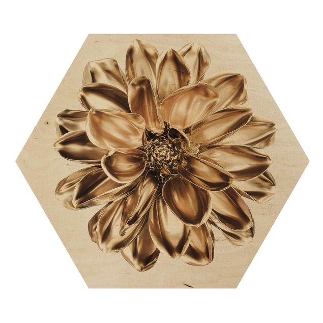 Hexagon Bild Holz - Dahlie Blume Gold Metallic