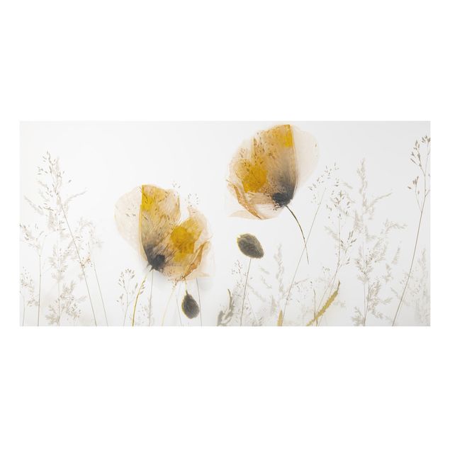 Alu-Dibond - Mohnblumen und zarte Gräser im weichen Nebel - Hochformat