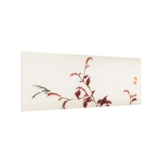 Spritzschutz Glas - Asiatische Vintage Zeichnung Roter Zweig mit Libelle - Panorama - 5:2