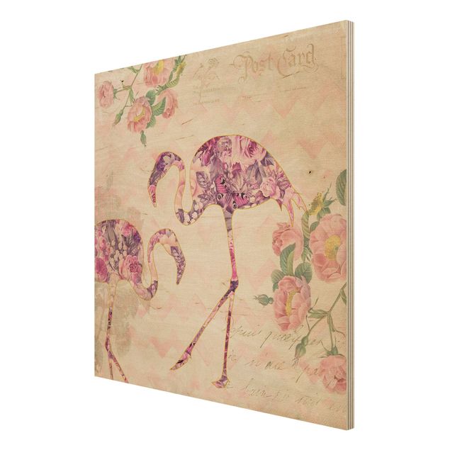 Holzbild - Vintage Collage - Rosa Blüten Flamingos - Quadrat 1:1
