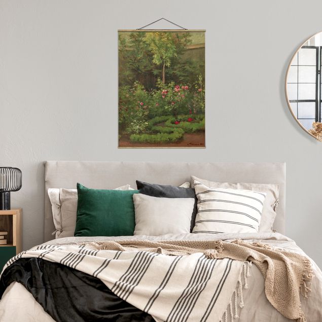 Stoffbild mit Posterleisten - Camille Pissarro - Ein Rosengarten - Hochformat 3:4