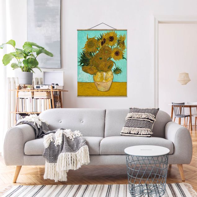 Stoffbild mit Posterleisten - Vincent van Gogh - Vase mit Sonnenblumen - Hochformat 3:4