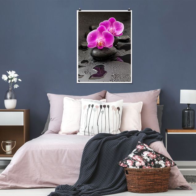 Poster - Pinke Orchideenblüten auf Steinen mit Tropfen - Hochformat 4:3
