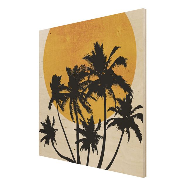 Holzbild - Palmen vor goldener Sonne - Quadrat 1:1