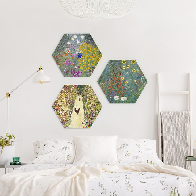 Hexagon Bild Alu-Dibond 3-teilig - Gustav Klimt - Im Garten
