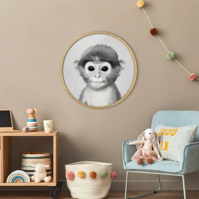 Rundes Gerahmtes Bild - Baby Affe Anton Schwarz Weiß