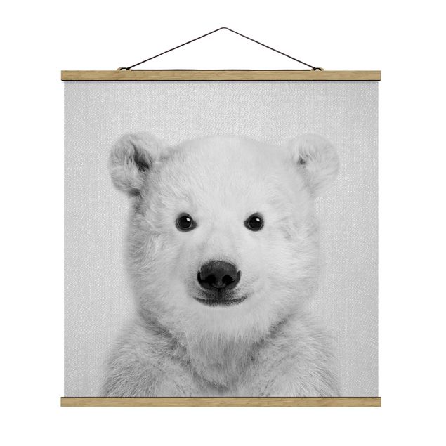 Stoffbild mit Posterleisten - Baby Eisbär Emil Schwarz Weiß - Quadrat 1:1