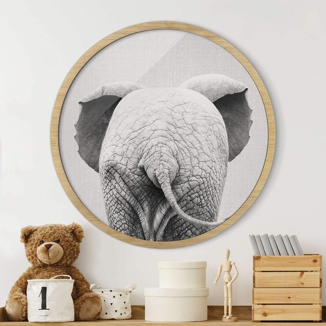Runde Bilder mit Rahmen Baby Elefant von hinten Schwarz Weiß