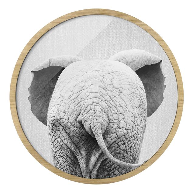 Rundes Gerahmtes Bild - Baby Elefant von hinten Schwarz Weiß