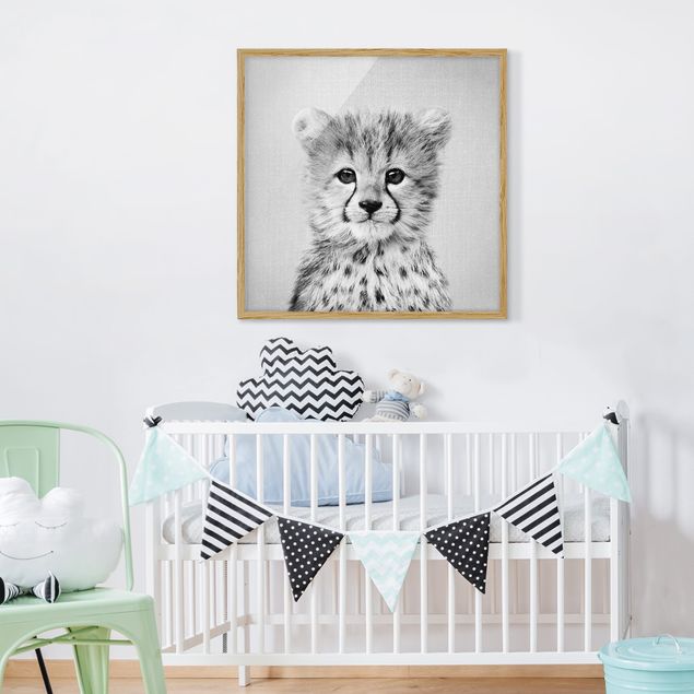 Bild mit Rahmen - Baby Gepard Gino Schwarz Weiß - Quadrat - 1:1