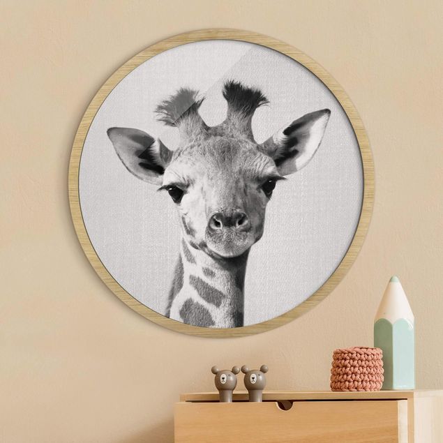 Rundes Gerahmtes Bild - Baby Giraffe Gandalf Schwarz Weiß