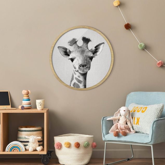 Rundes Gerahmtes Bild - Baby Giraffe Gandalf Schwarz Weiß