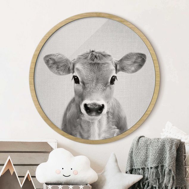 Runde Bilder mit Rahmen Baby Kuh Kira Schwarz Weiß