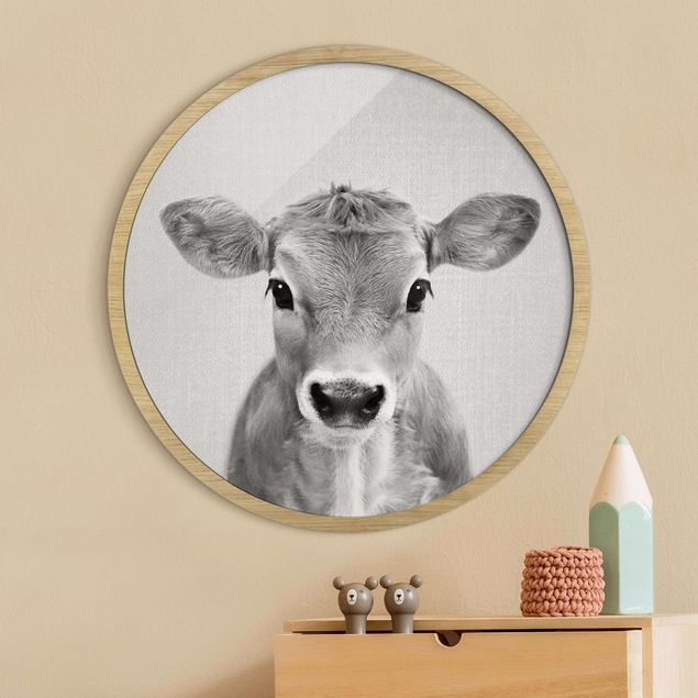 Rundes Gerahmtes Bild - Baby Kuh Kira Schwarz Weiß