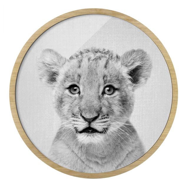 Rundes Gerahmtes Bild - Baby Löwe Luca Schwarz Weiß