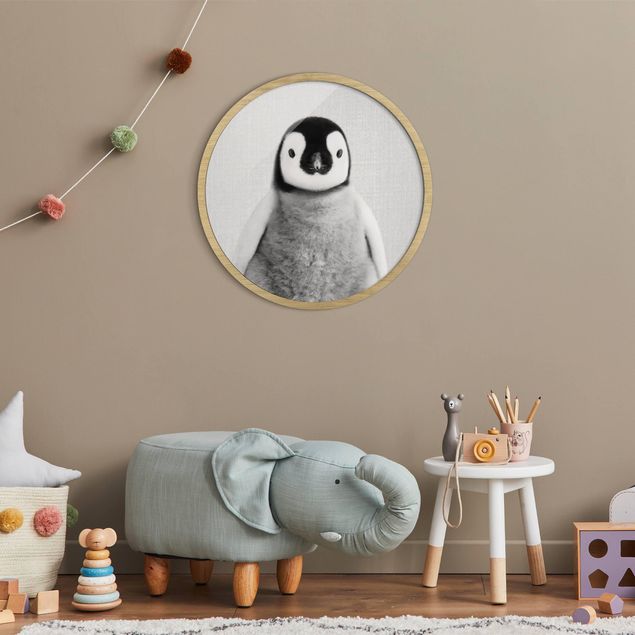 Rundes Gerahmtes Bild - Baby Pinguin Pepe Schwarz Weiß