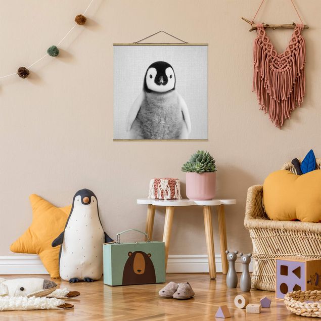 Stoffbild mit Posterleisten - Baby Pinguin Pepe Schwarz Weiß - Quadrat 1:1