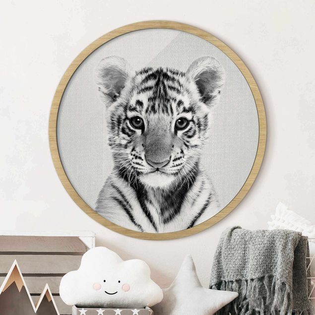 Runde Bilder mit Rahmen Baby Tiger Thor Schwarz Weiß