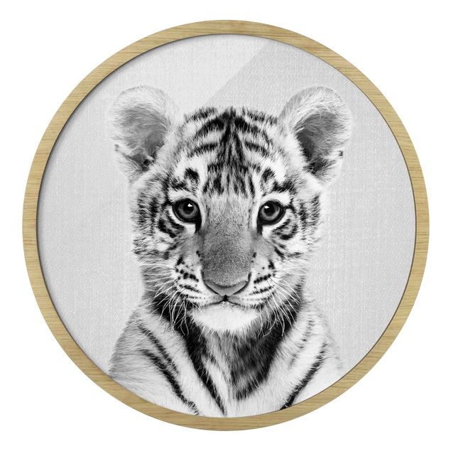 Rundes Gerahmtes Bild - Baby Tiger Thor Schwarz Weiß