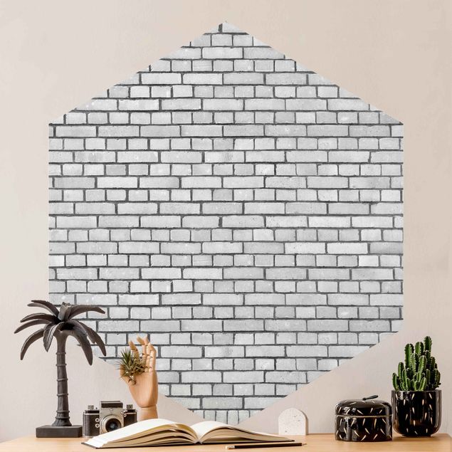 Hexagon Fototapete selbstklebend - Backstein Mauer Weiß