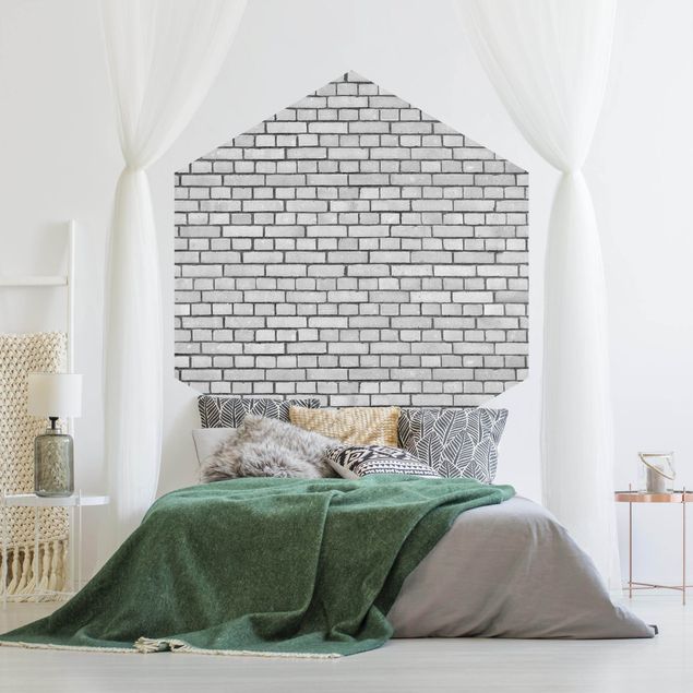 Hexagon Fototapete selbstklebend - Backstein Mauer Weiß