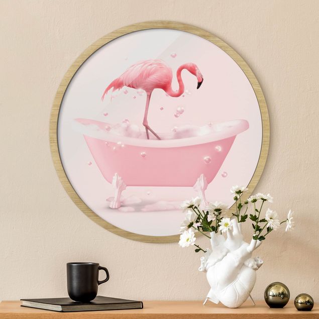 Rundes Gerahmtes Bild - Badewannen Flamingo