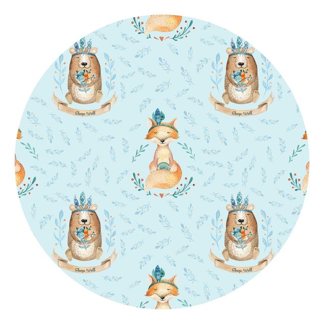 Runde Tapete selbstklebend - Bären und Füchse vor Blau