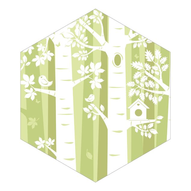 Hexagon Mustertapete selbstklebend - Bäume im Wald Grün