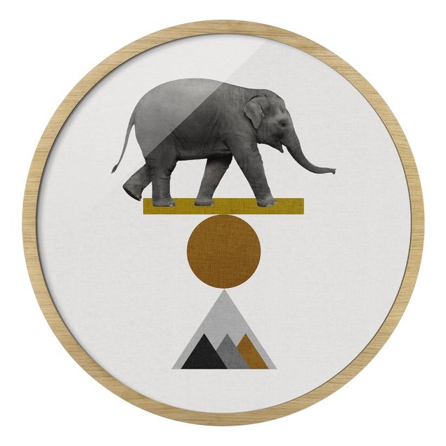 Rundes Gerahmtes Bild - Balancekunst Elefant
