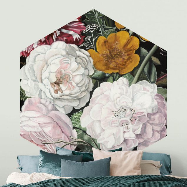 Hexagon Mustertapete selbstklebend - Barock Bouquet