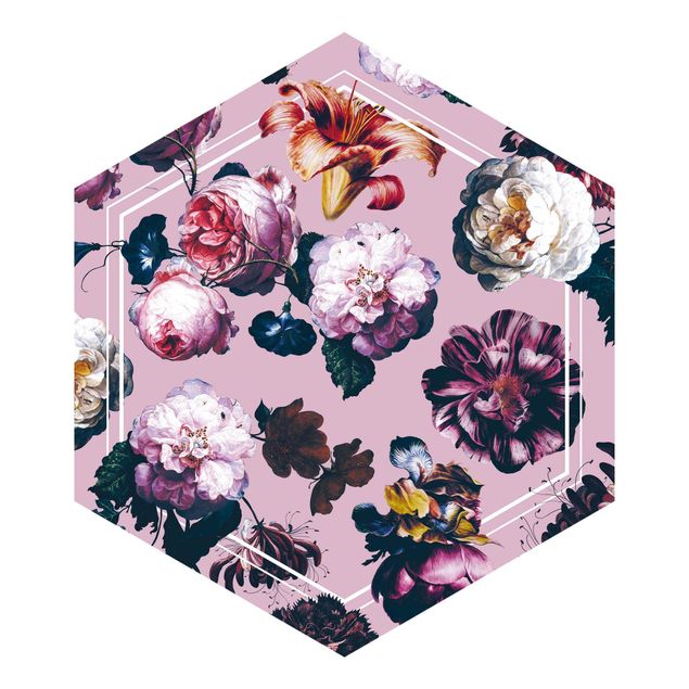 Hexagon Mustertapete selbstklebend - Barockblüten mit weißer Geometrie auf Rosa