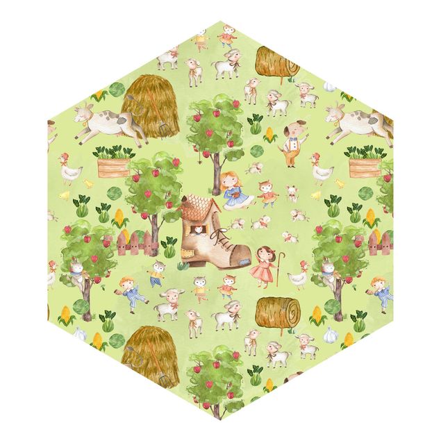 Hexagon Mustertapete selbstklebend - Bauernhof Illustration mit Schafen