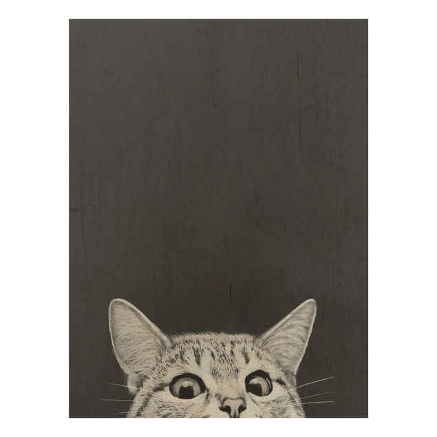 Holzbild - Illustration Katze Schwarz Weiß Zeichnung - Hochformat 4:3