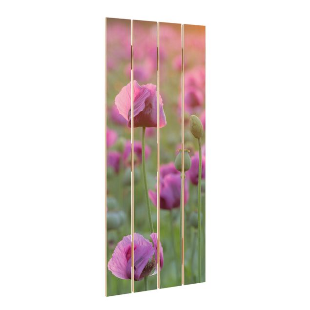 Holzbild - Violette Schlafmohn Blumenwiese im Frühling - Hochformat 5:2