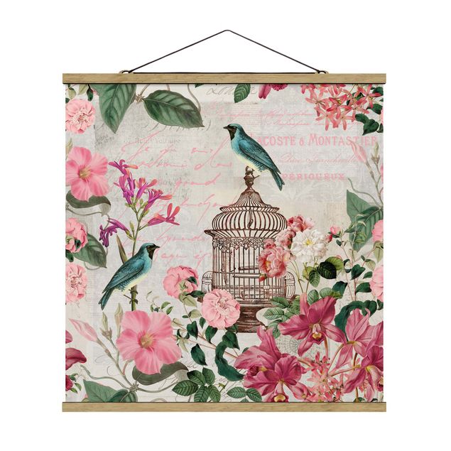 Stoffbild mit Posterleisten - Shabby Chic Collage - Rosa Blüten und blaue Vögel - Quadrat 1:1