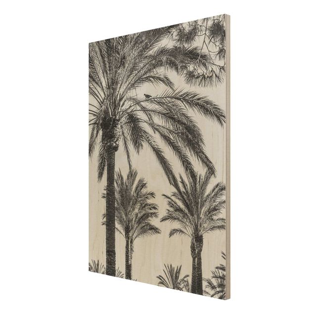 Holzbild - Palmen im Sonnenuntergang Schwarz-Weiß - Hochformat 4:3