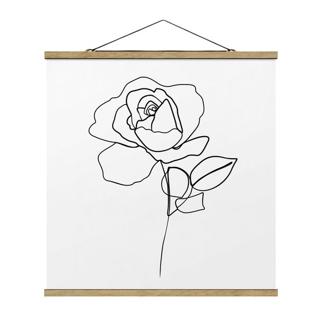 Stoffbild mit Posterleisten - Line Art Rose Schwarz Weiß - Quadrat 1:1