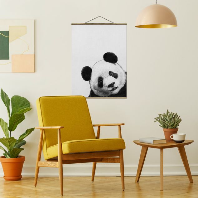 Stoffbild mit Posterleisten - Laura Graves - Illustration Panda Schwarz Weiß Malerei - Hochformat 3:4