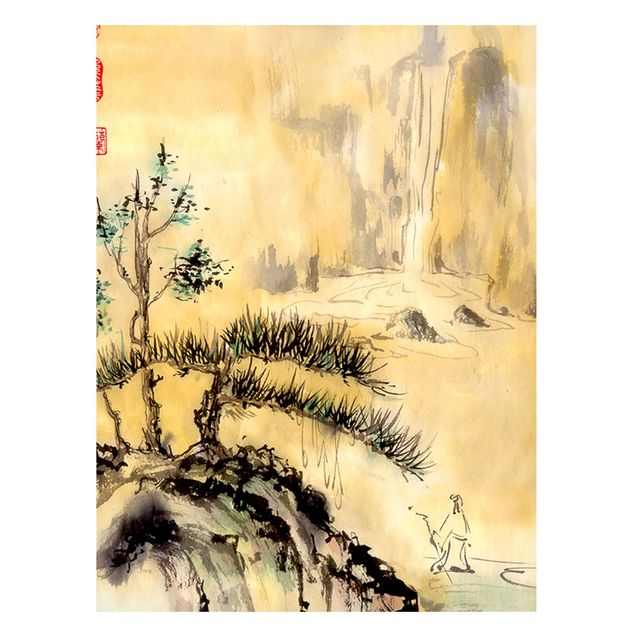 Magnettafel - Japanische Aquarell Zeichnung Zedern und Berge - Memoboard Hochformat 4:3