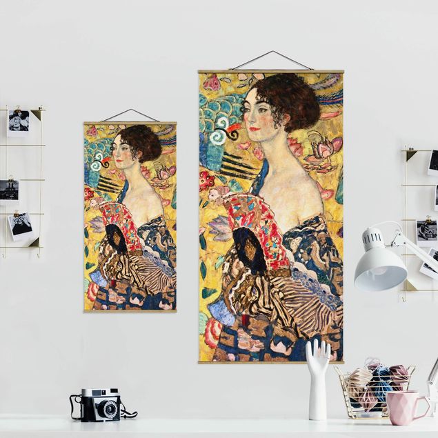 Stoffbild mit Posterleisten - Gustav Klimt - Dame mit Fächer - Hochformat 1:2