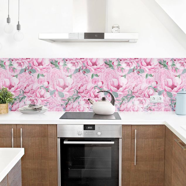 Küchenrückwand - Rosa Blütentraum Pastell Rosen in Aquarell