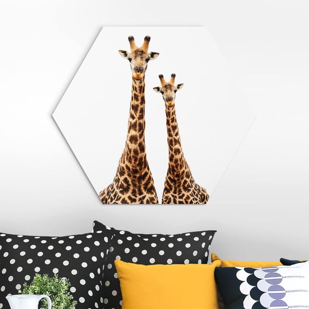 Hexagon Bild Alu-Dibond - Portait Zweier Giraffen