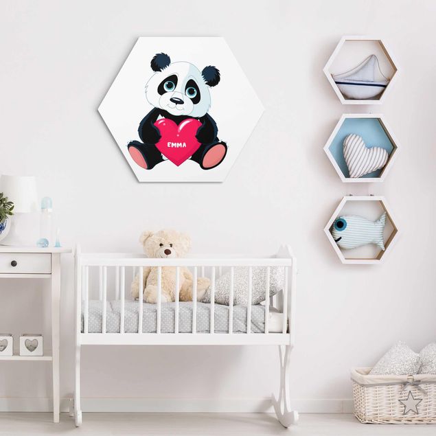 Hexagon Bild Alu-Dibond mit Wunschtext - Panda mit Herz