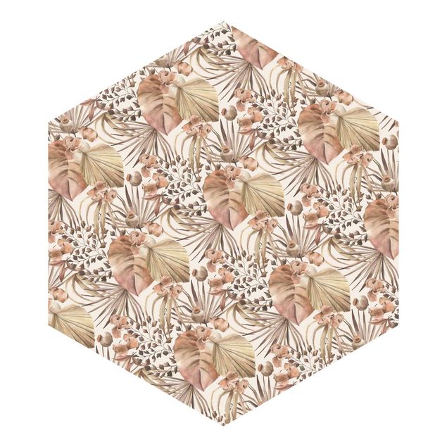 Hexagon Mustertapete selbstklebend - Beige Palmenblätter