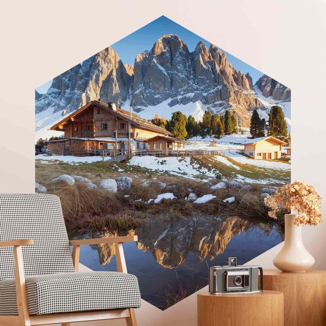 Hexagon Fototapete selbstklebend - Berghütte