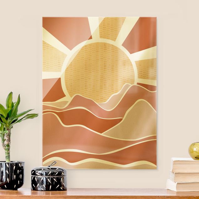 Glasbild - Berglandschaft mit goldenem Sonnenaufgang - Hochformat 3:4