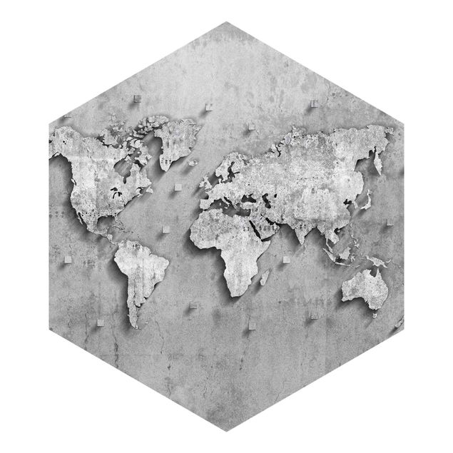 Hexagon Fototapete selbstklebend - Beton Weltkarte