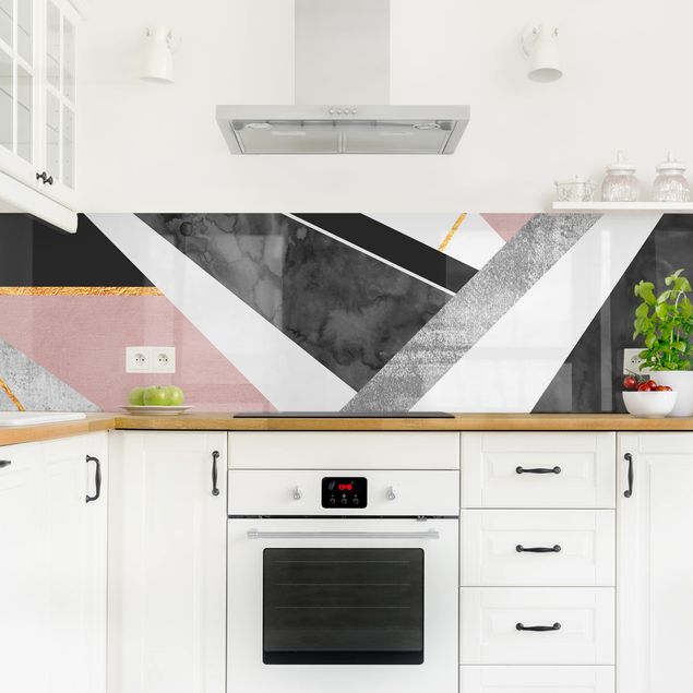 Küchenrückwand - Schwarz Weiß Geometrie mit Gold
