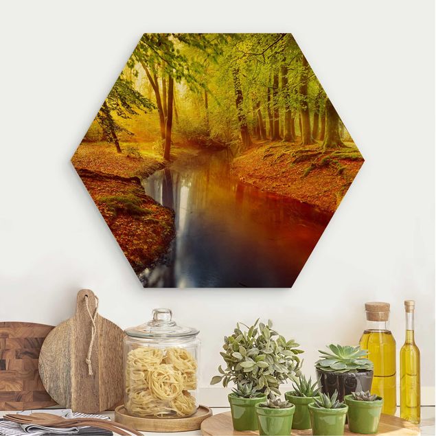 Hexagon Bild Holz - Herbstwald