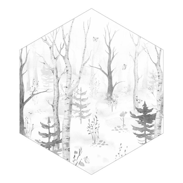 Hexagon Fototapete selbstklebend - Birkenwald mit Mohnblumen Schwarz Weiß